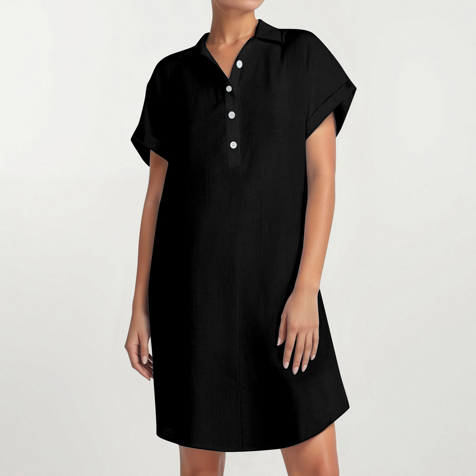 thumbnail image 2 of Vestido camisero de manga corta con botones para mujer: túnica informal de color liso, tejido suave y transpirable, versátil para tres estaciones., 2 of 5